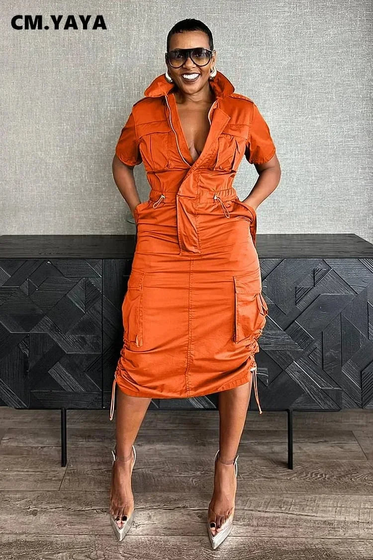 CM.YAYA Women High Waist Short Sleeve Mult Pockets Cargo Midi Dress Streetwear Drawstring Vestidos Party Sexy Evening Dresses