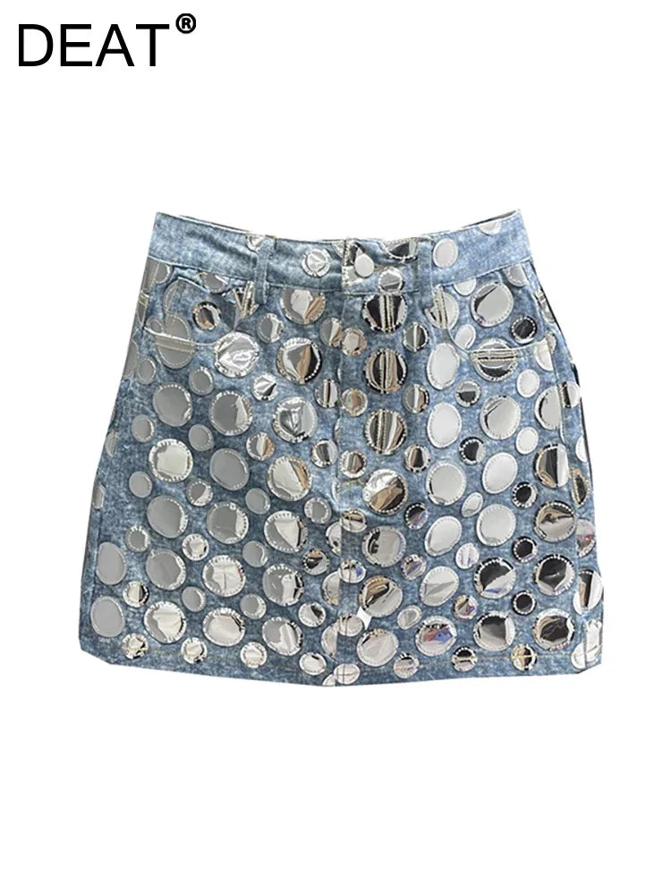 DEAT Summer New Fashion Women's Denim Skirt High Waist Circular Sequin Patchwork Wrap Hip Blue Short Mini Skirts 29L4143