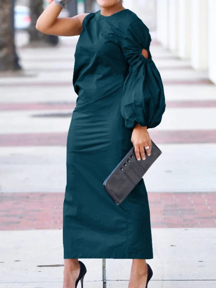 CM.YAYA Women Cutout One Long Sleeve Ruched Side Split Maxi Bodycon Midi Dress 2023 Winter Vintage Sexy Party Dresses Vestidos