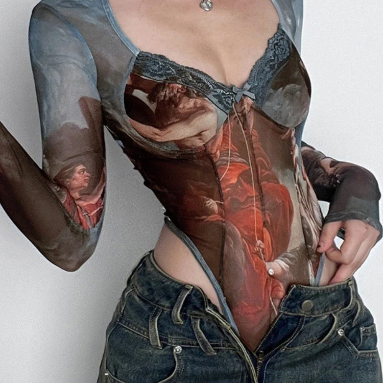 Vintage Print Sexy Bodysuit Lingerie See Through Gauze Lenceria Tranparente Long Sleeve Body Feminino Square Collar Bustier Tops