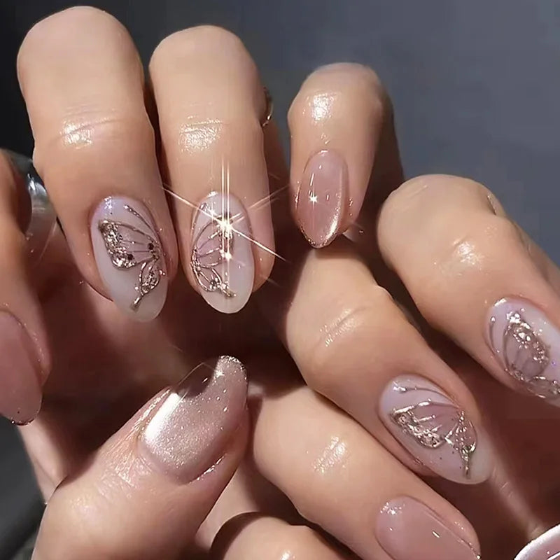 24Pcs Nude Pink Press on Fake Nails with Flower Design Short Almond French False Nails Golden Stripes Manicure Wearable Nail Tip