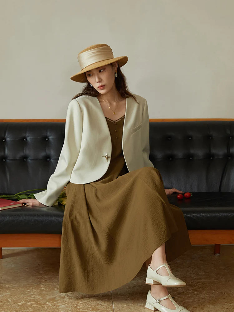 French Retro Design Collar Chic Suspender Skirt for Women New Spring Slim Thin Waist Vintage Elegant Female Dress