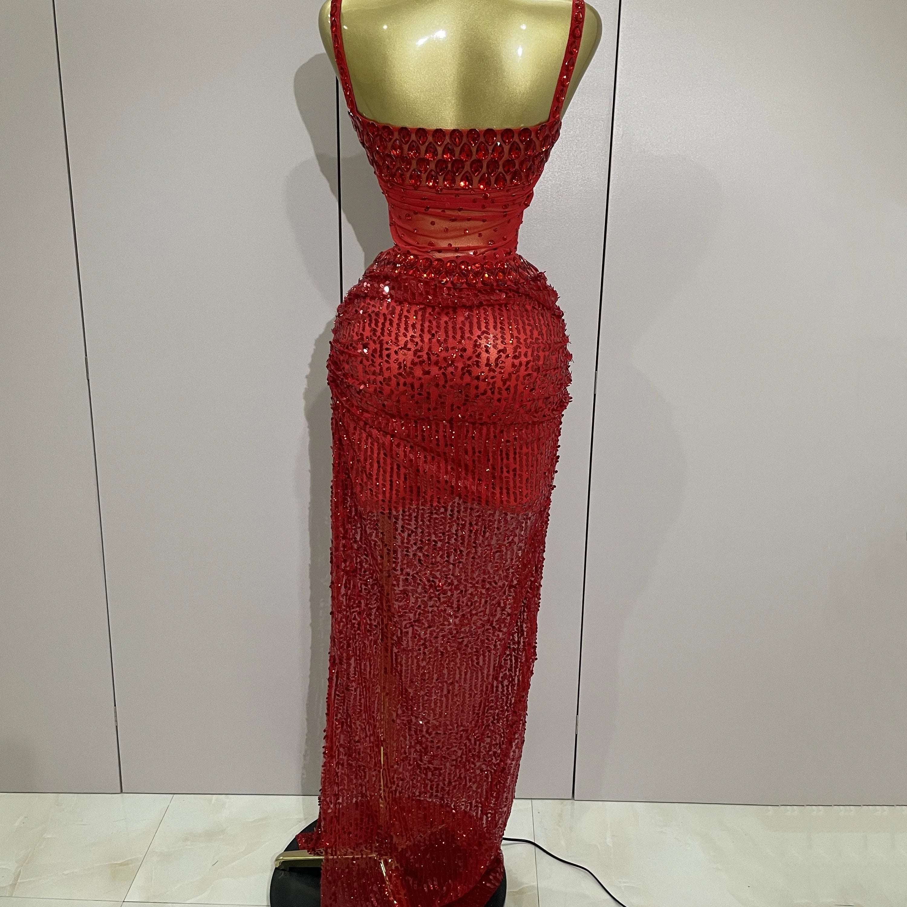 Sparkly Red Rhinestones Sequins Sexy See Through 2PCS Long Dress 2025Women Celebrate Evening Birthday Party Dress Stage Costumes