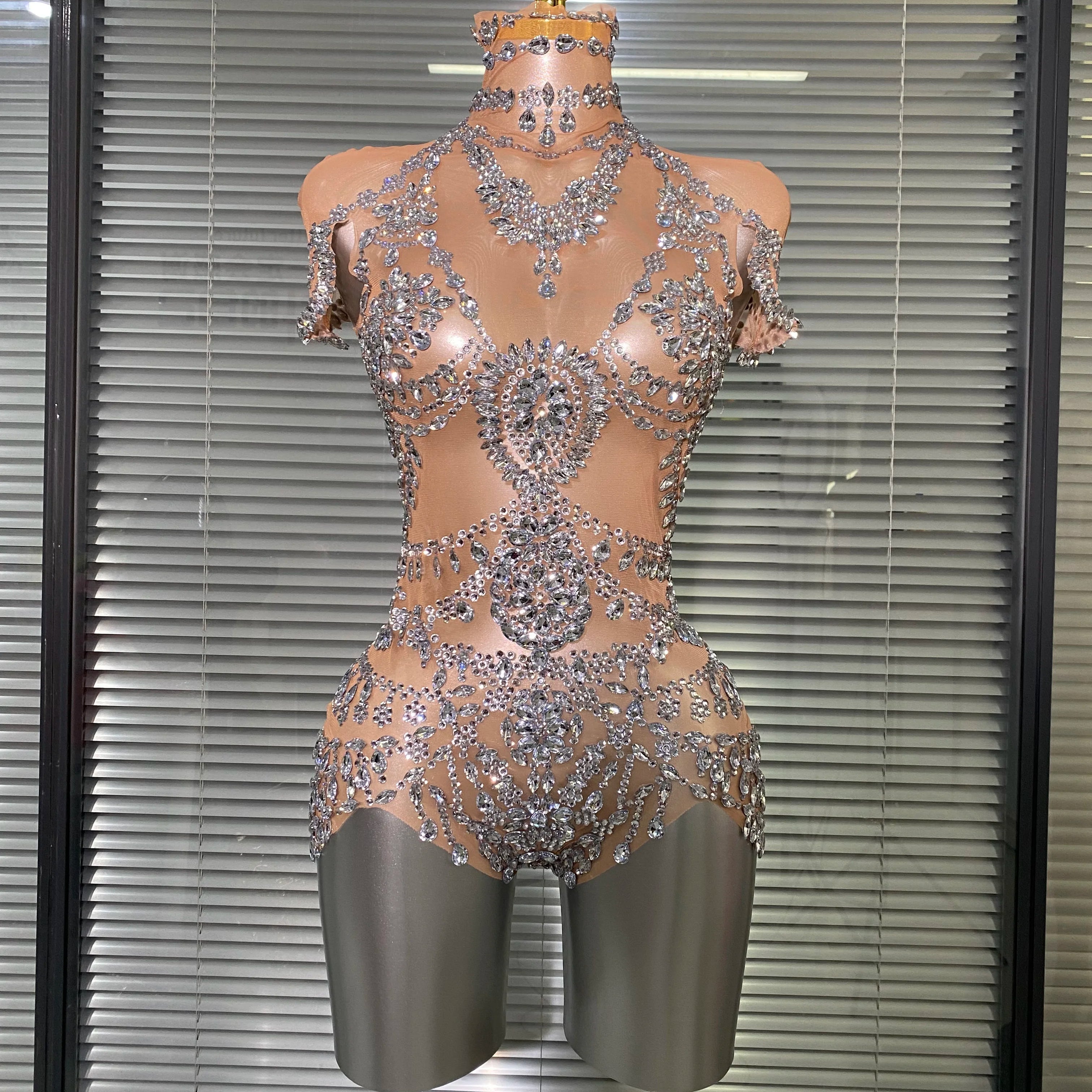 Celebrity New Women Sexy Skin See Through Sheer Diamonds Stretchy Night Club Singer Dancer Stage Costume Party Bodysuit