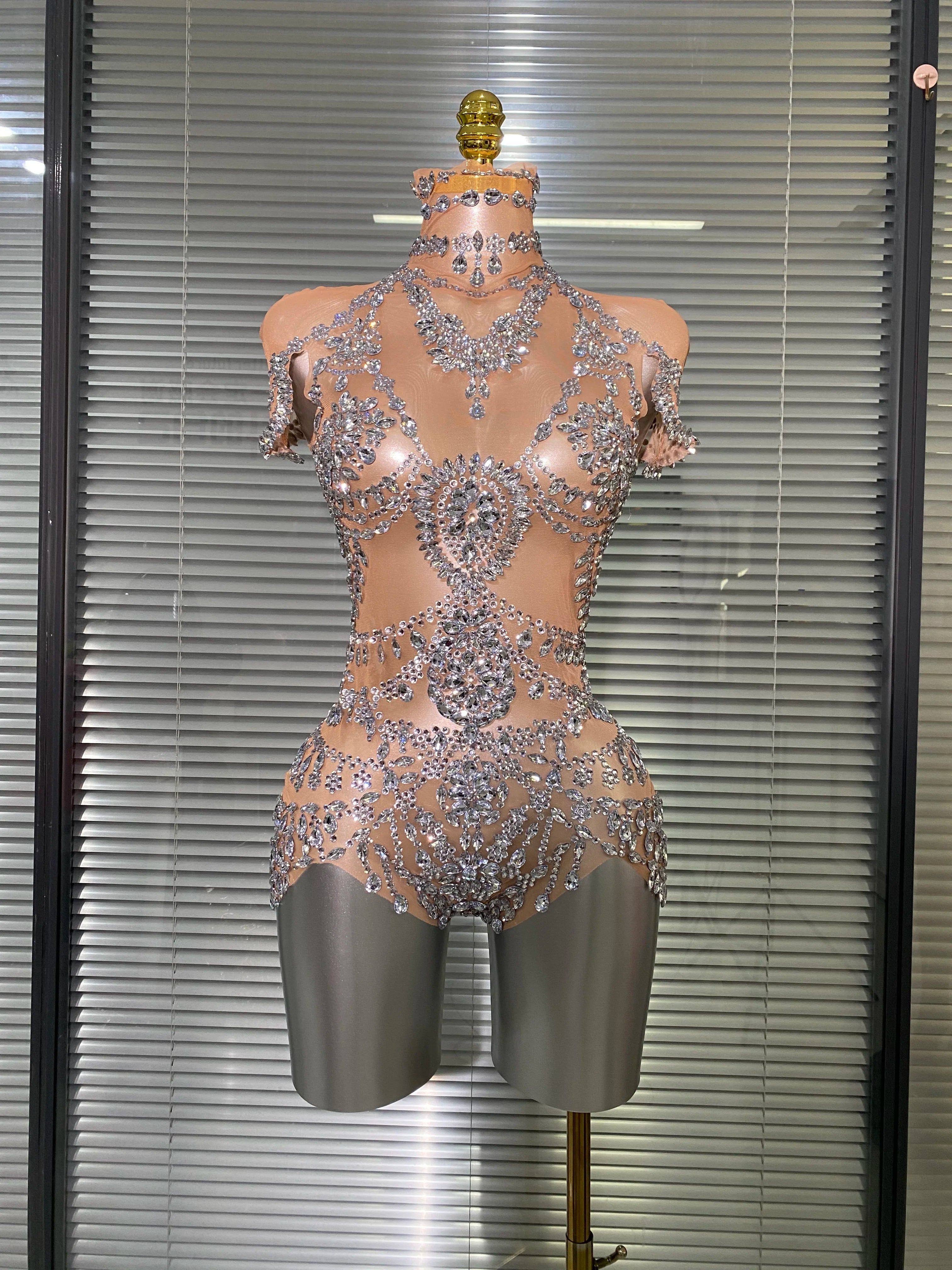 Celebrity New Women Sexy Skin See Through Sheer Diamonds Stretchy Night Club Singer Dancer Stage Costume Party Bodysuit