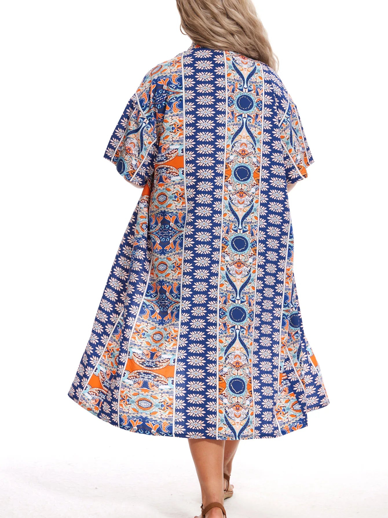 Plus Size Print Two-piece Set, Short Sleeve Open Front Kimono & Elastic Waist Shorts Outfits, Women's Plus Size Clothing