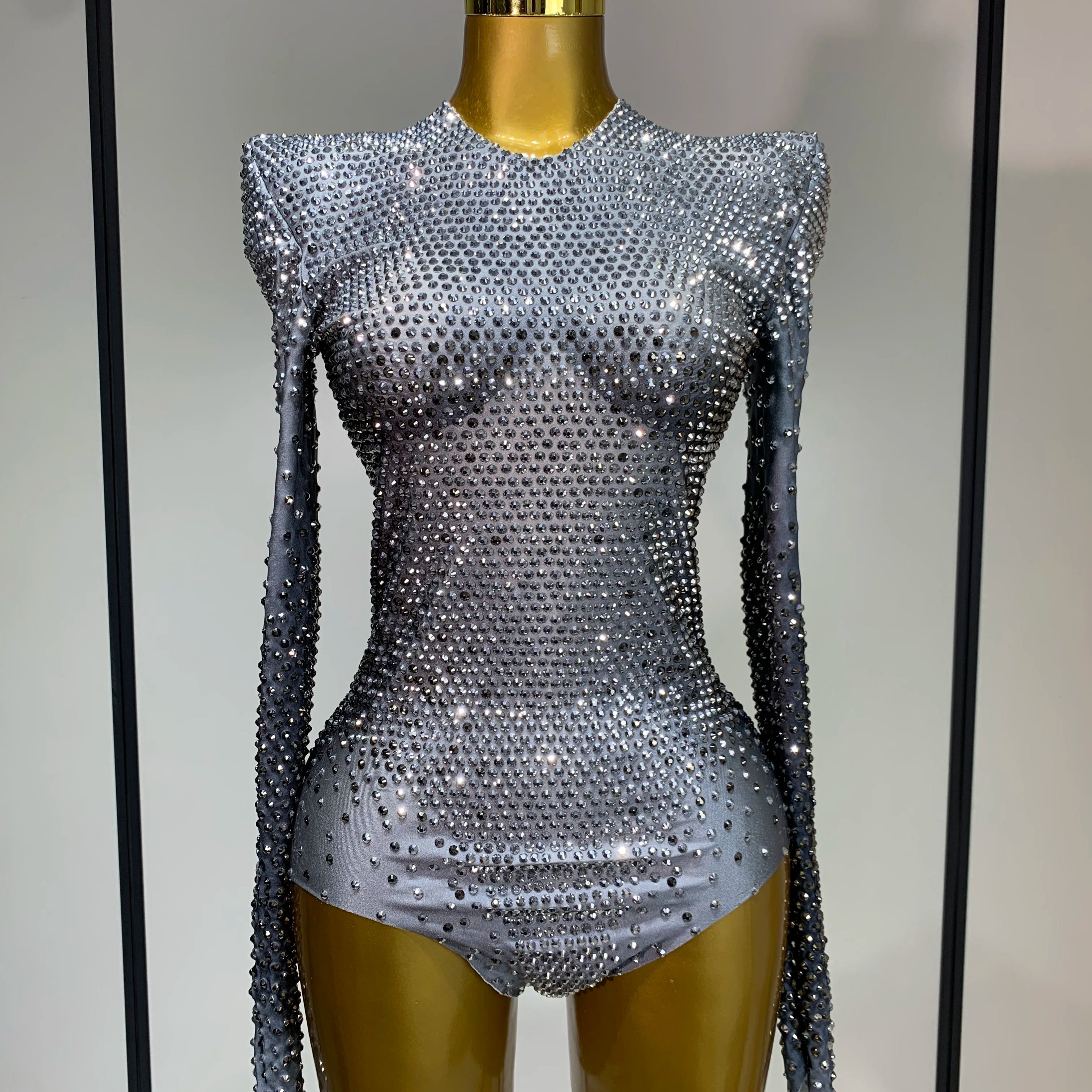 Sparkle Silver Rhinestones Stretch Bodysuits 2025 Women Luxury Birthday Evening Party Sexy Nightclub Singer Stage Costume