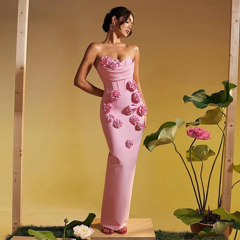 Pink Red Color Women Sexy Strapless Off the Shoulder Florals Bodycon Long Bandage Dress Celebrate Fashion Evening Party Outfit