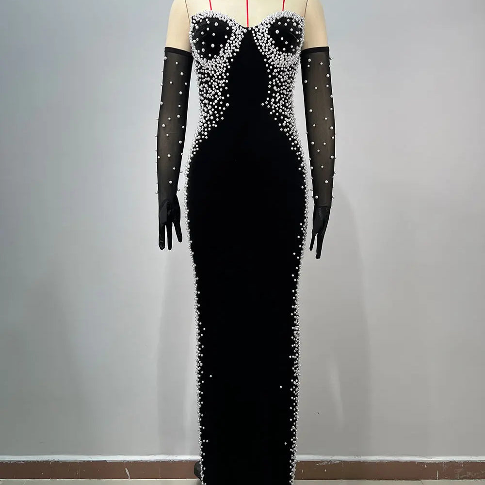 2025 Women Light Luxury Beaded Velvet Dress+Thin Gauntlet Gloves Fashion Bodycon Bareback Sexy Long Dress Evening Party Vestidos