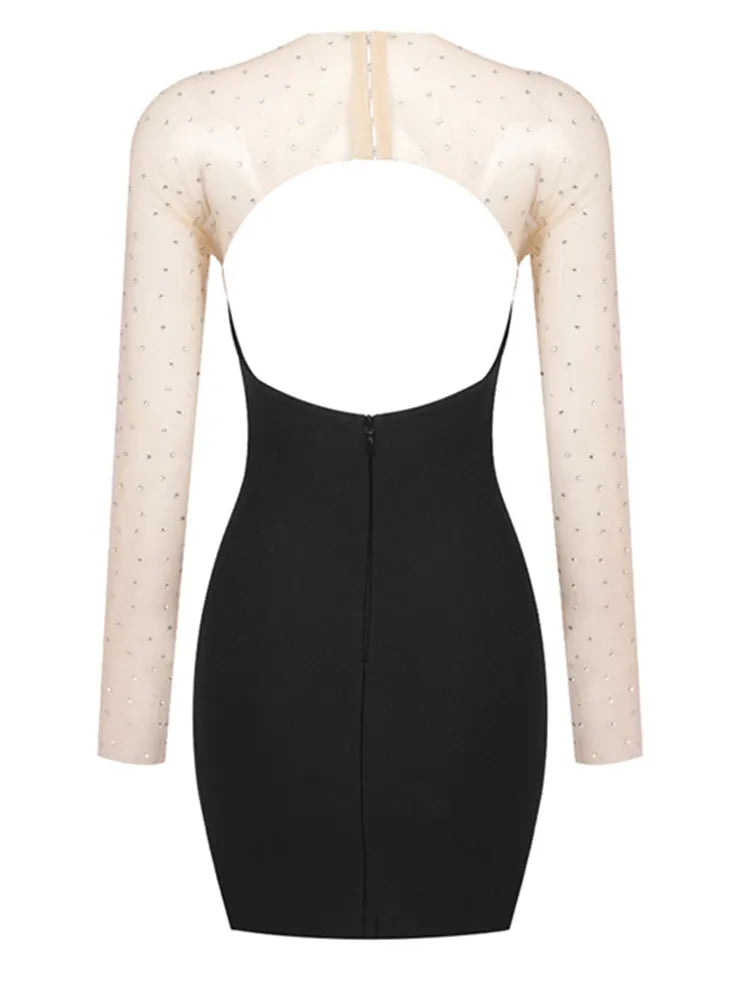 Women Celebrity Sexy Long Sleeve Diamonds Black Mesh Mini Bodycon Bandage Dress 2024 Elegant Evening Club Party Dress