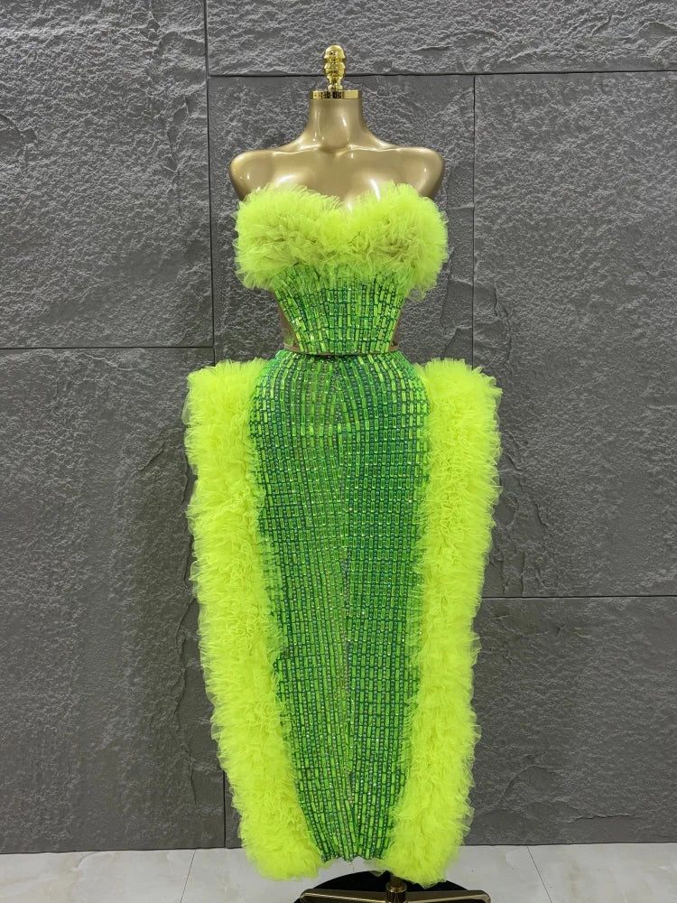 STOCK Women Sexy Mesh Ruffles 2 Pieces Laced-up Ball Gown Long Dress Fashion Nightclub Party Performance Costume Stage Wear