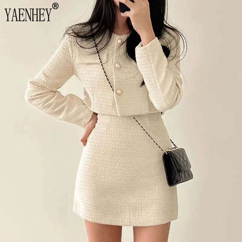 Elegant Tweed Jackets for Women Suits Autumn Winter Korean Fashion Y2k Long Sleeve Buttons Crop Coats + Skirt Suit Sets