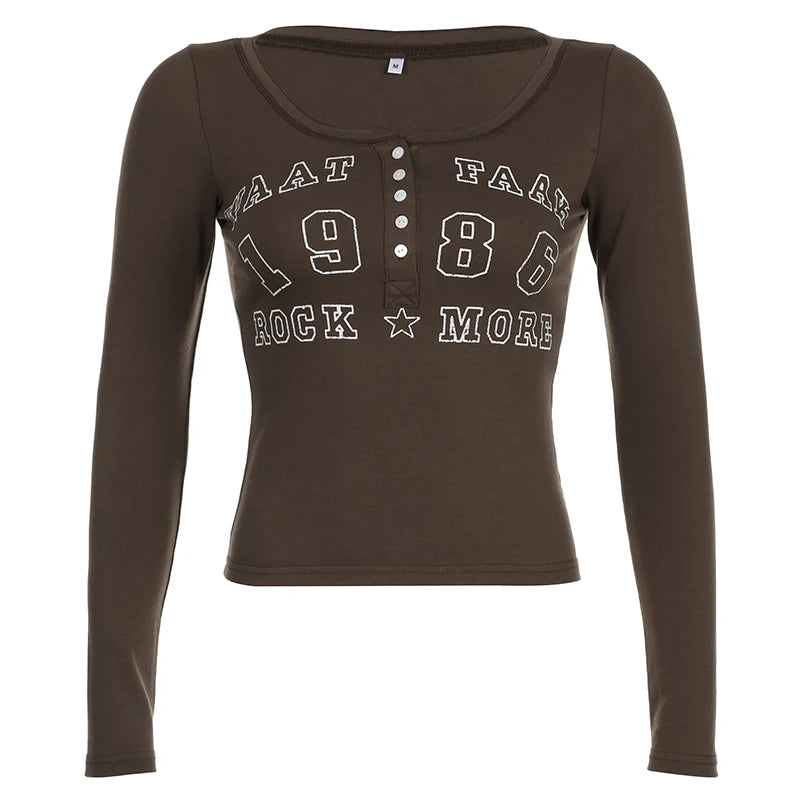 Vintage Letter Print Crop Top Women Retro Grunge Button V Neck Full Sleeve T Shirt Autumn Winter Basic Tee Femme Clothing Brown