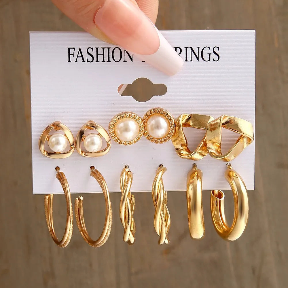 Gold Color Vintage Hoop Earrings Set for Women Boho Metal Circle Geometric Twist Pearl Dangle Earrings Trendy Jewelry Gifts AY 5579101