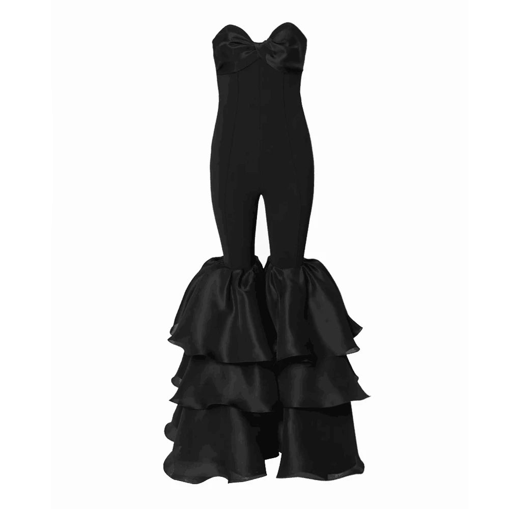 Macacão feminino sexy sem alças e com babados, cor preta, estilo bandagem, moda festa noturna, coquetel