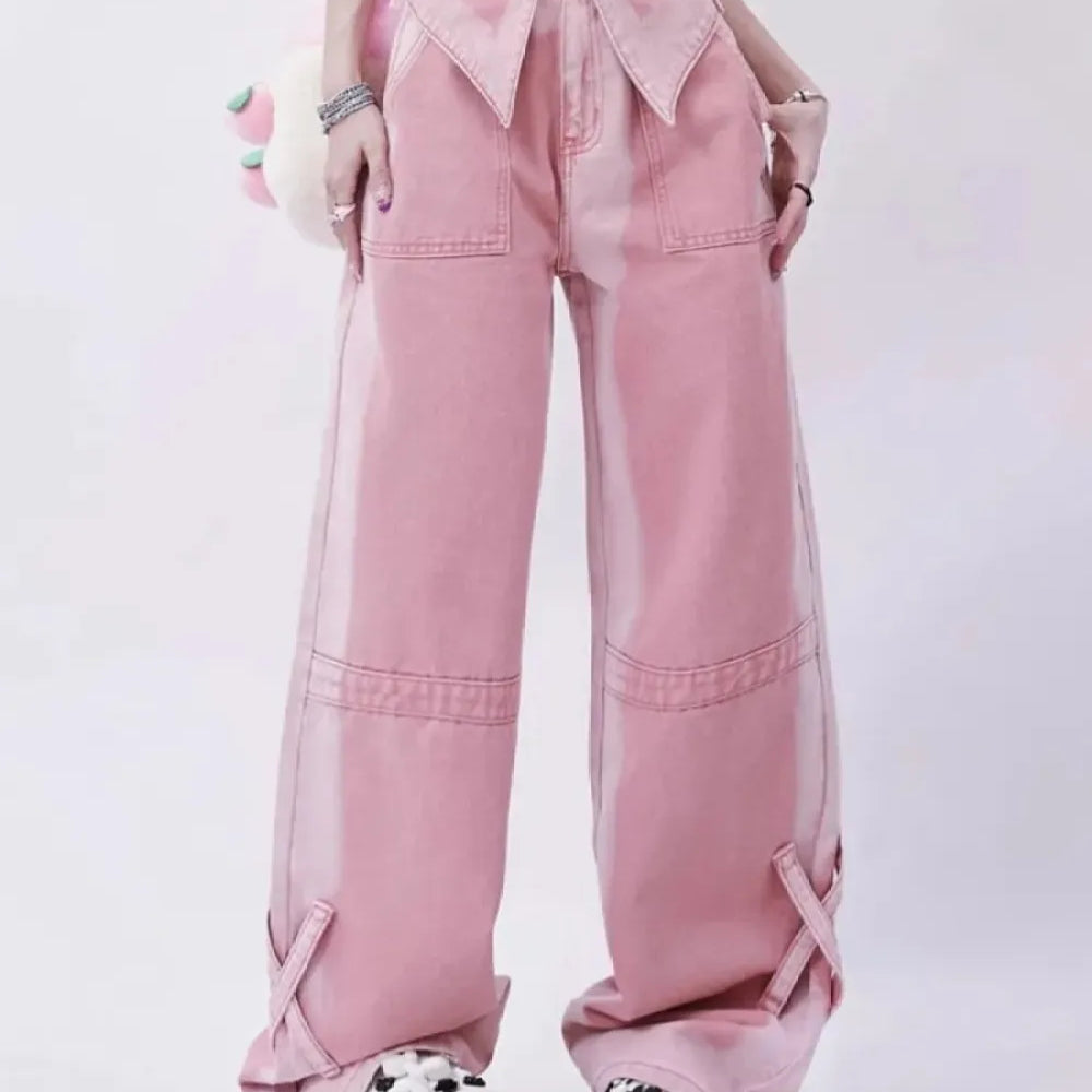 Pink High Waist Jeans for Women Autumn Winter Casual Baggy Pants Woman Y2K Streetwear Clothes Wide Leg Jeans Ladies Korean Pink