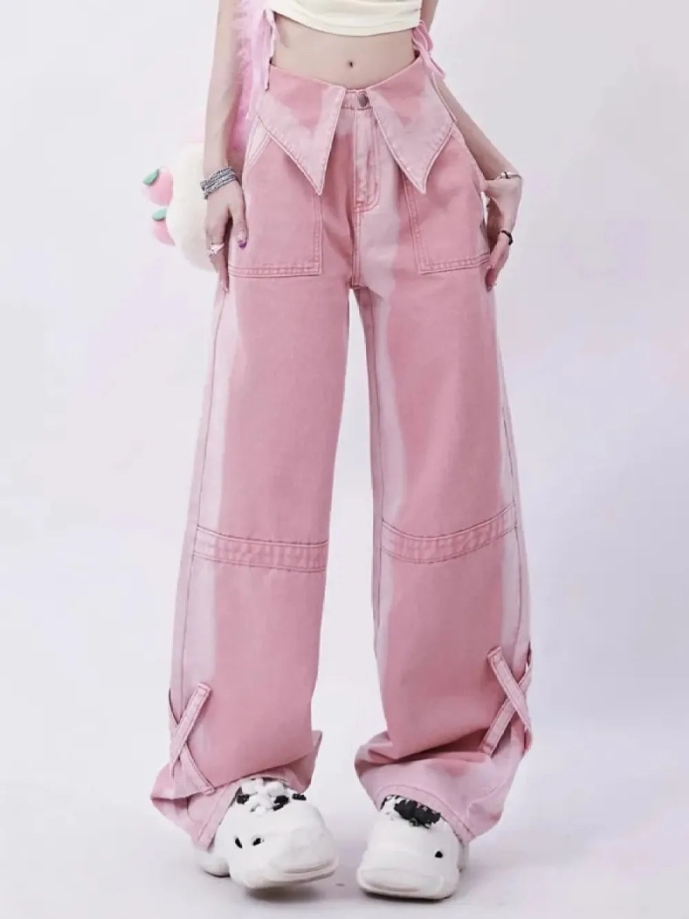 Pink High Waist Jeans for Women Autumn Winter Casual Baggy Pants Woman Y2K Streetwear Clothes Wide Leg Jeans Ladies Korean Pink