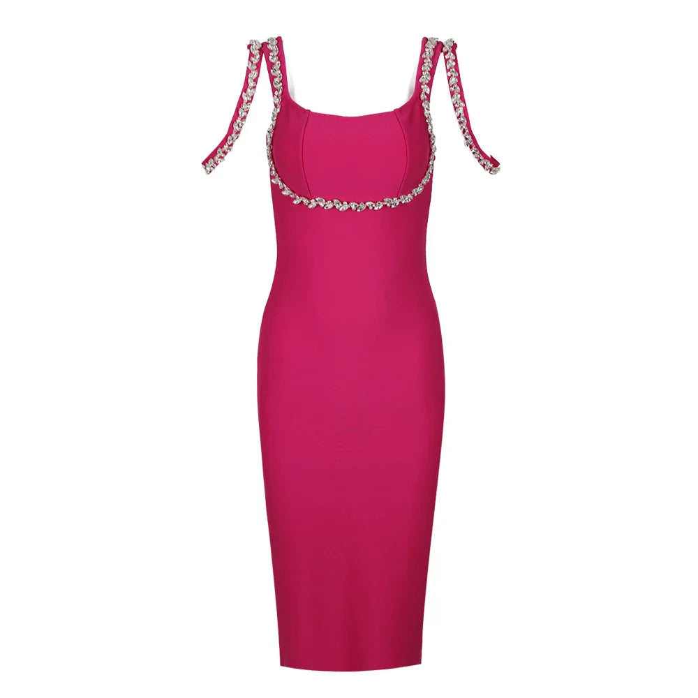 Factory Wholesale Women's Rose Red Spaghetti Strap Diamond Tight Sexy Celebrity Cocktail Party Bandage Dress