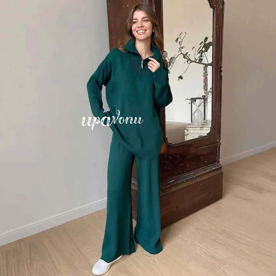 2024 Casual Autumn Loose Knit Sweater Set Fashion Zip Lapel Long Sleeve Pullover Sweater & Straight Pants Two-piece Set
