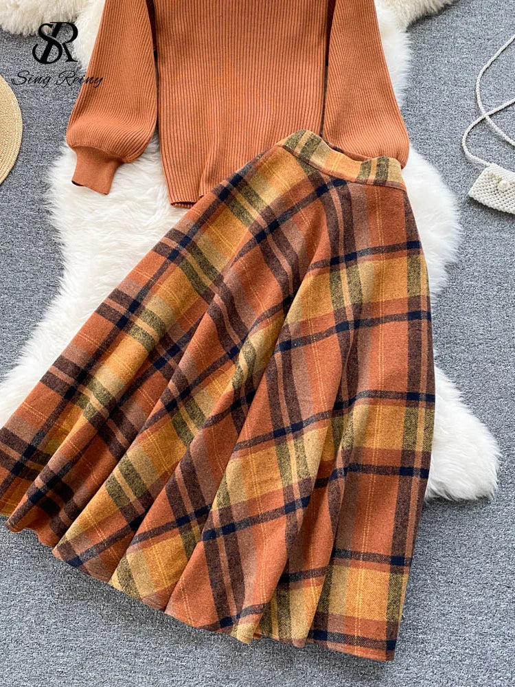 SINGREINY Women Retro Sweater Suits Fashion Lantern Sleeve Sheath Knitted Top+Elastic Loose Long Skirt Two Pieces Sets