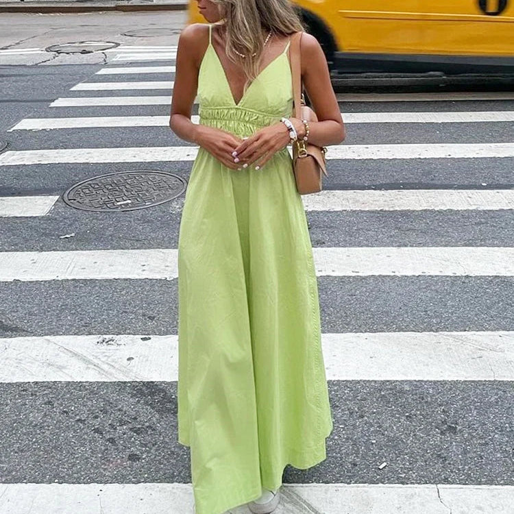 Foridol Elastic Smocking Green Cotton V Neck Summer Women's Dress Sleevless Long Green Maxi Casual Strapy Dress Solid Female