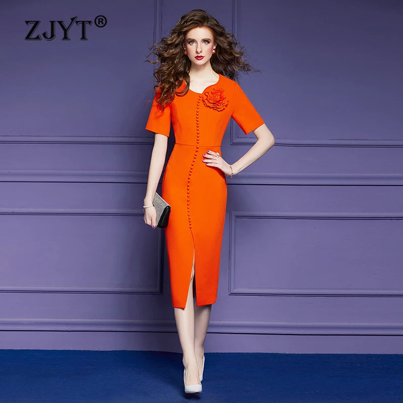 ZJYT Elegant Summer Dresses for Women 2024 Luxury Buttons 3D Floral Midi Straight Evening Party Dress Short Sleeve Orange Robe
