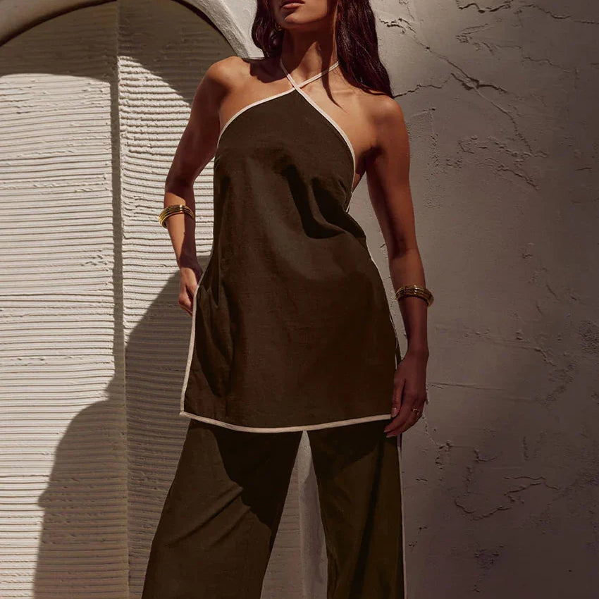 Clacive Elegant Loose Brown Cotton 2-Iece Sets For Women Sexy Halter Sleeveless Tank Top With High Waist Wide Pants Set Female