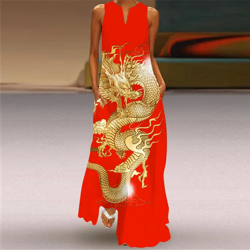 Vestido longo feminino elegante com decote em V, estampa floral fresca, sem mangas, solto, reto, praia, férias, vestido longo