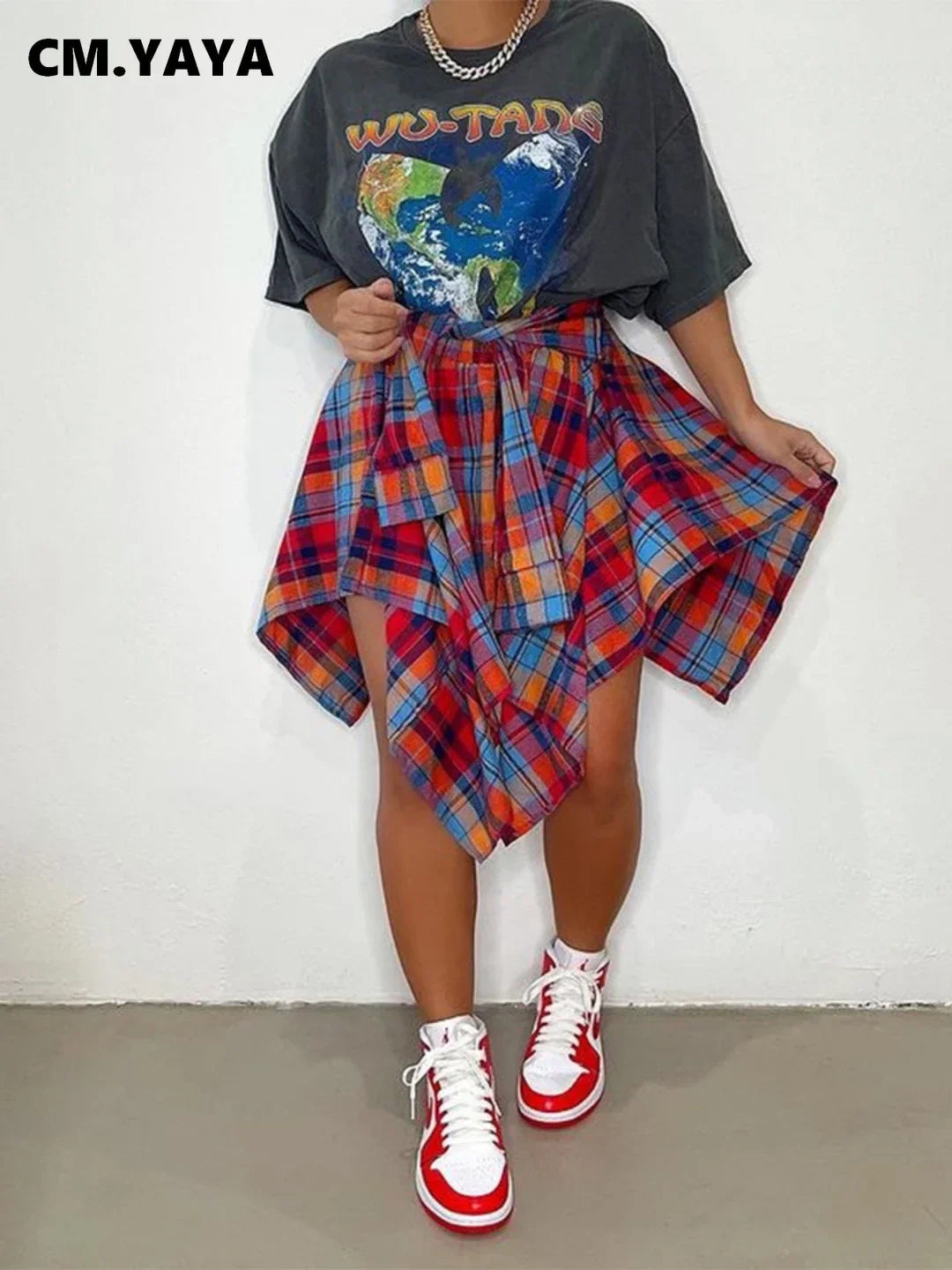 CM.YAYA Women Plaid Irregular High Waist Knee Length Skirts 2022 Summer Holiday Streetwear Sleeve Wrapped Lace Up Waist Skirt Multicolor