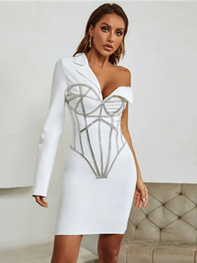 Winter Sexy Long Sleeve Single Beading Sparkly White Mini Women Bodycon Bandage Dress 2022 Elegant Evening Party Dress Vestido