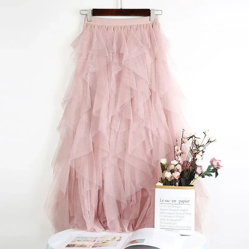 Women Tulle Mesh Skirt Elegant Elastic Waist Fairy Long A-line Tutu Skirt for Spring Summer long skirt pink one size
