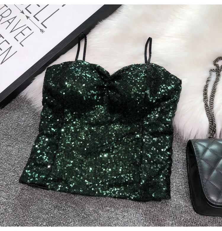 Women's Fashion Sexy Women Nick Sparkling Sequins Vest Harness At Night Binder Chest Dark Green One Size