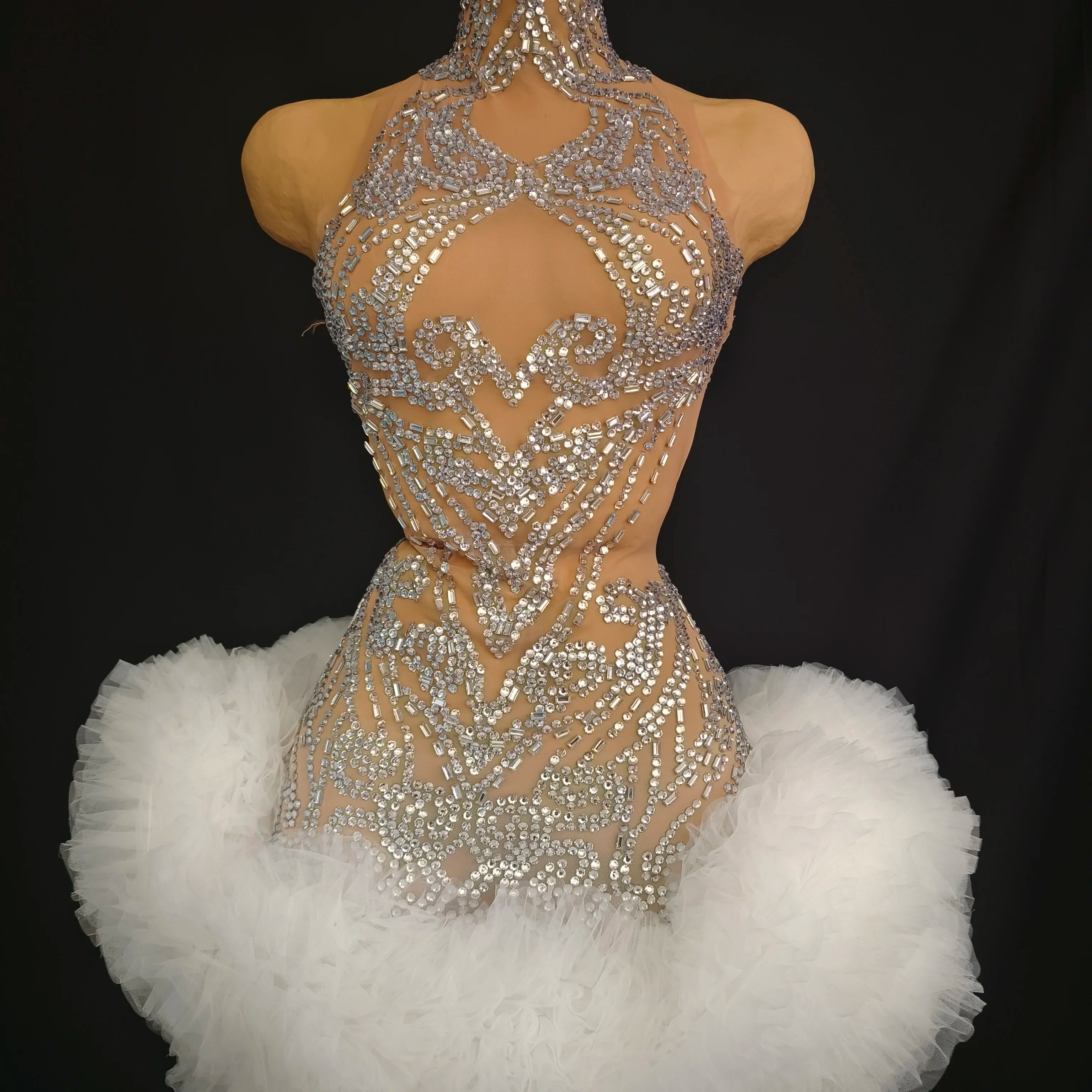 Women Sexy Mesh Nude Stretchy Sleeveless Night Club See Through Singer Dancer tage Costume Mini Party Dress