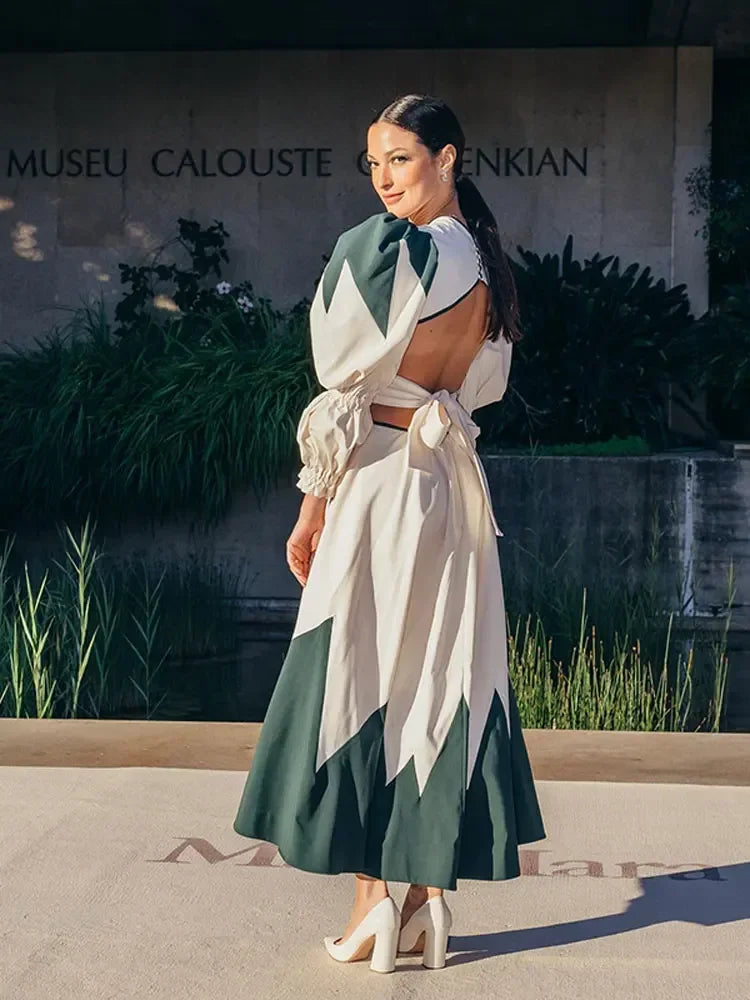 Loose Puff V Neck Backless Printed Maxi Dress Woman Casual Lace Up Lantern Sleeve Robe New Ladies Chic High Street Vestidos