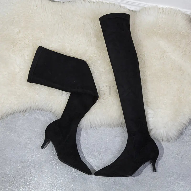 Women Winter Boots Slim High Heel Suede Stretched Over Knee Long Boots Sexy Pointed Down Thigh Long Botas Fashion