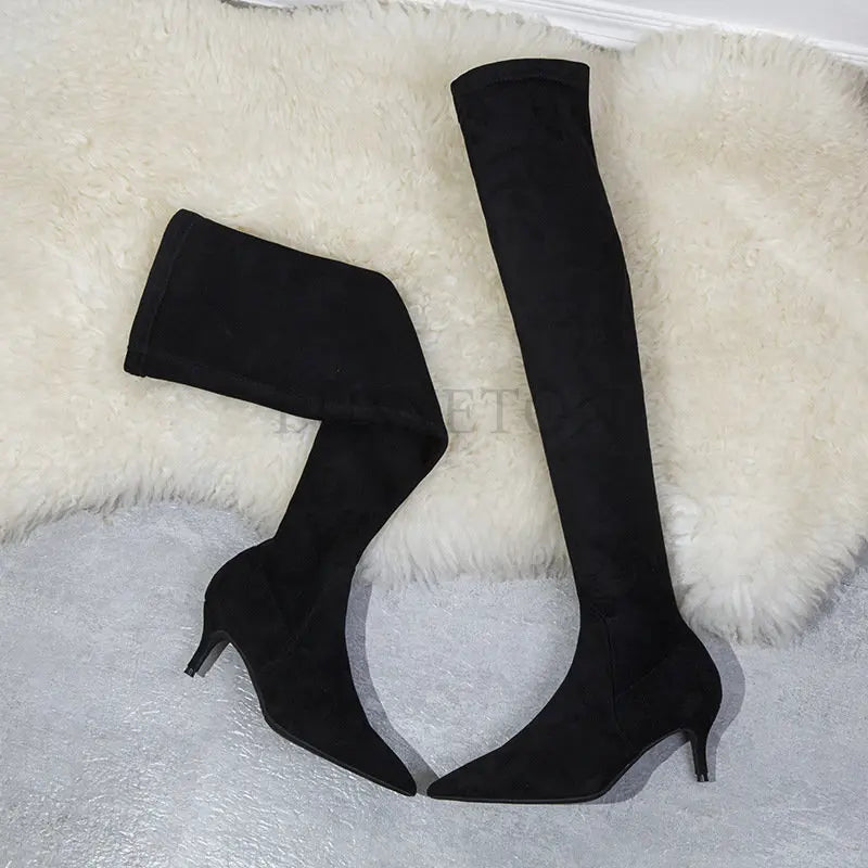 Women Winter Boots Slim High Heel Suede Stretched Over Knee Long Boots Sexy Pointed Down Thigh Long Botas Fashion
