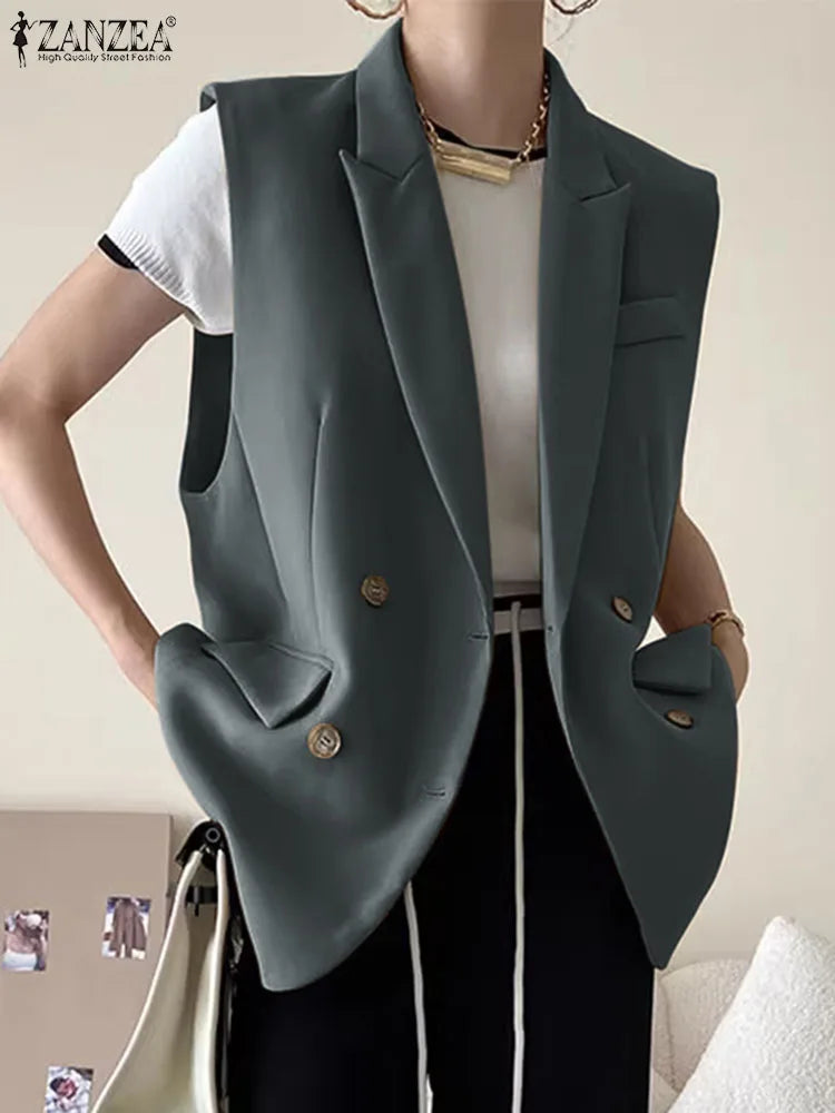 Fashion Women Vests Korean Style Sleeveless Casual Blazer Elegant Peak Lapel Suit Coats Oversize OL Black Vests