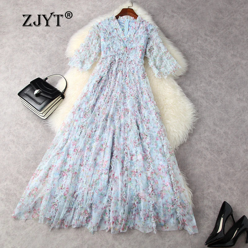 Luxury Ruffles Layered Floral Print Mesh Long Dresses for Women Party Evening Gown Elegant Spring Designer Maxi Dress blue
