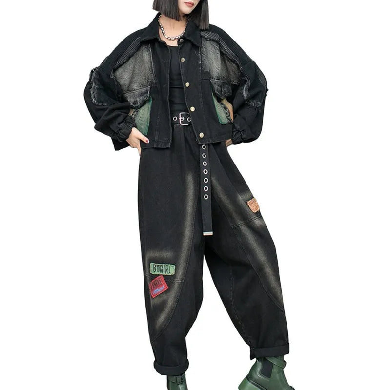 Spring Autumn New Trendy Cool Personality Distressed Long Sleeved Denim Jacket + Harem Pants Two-piece Set Women LX154