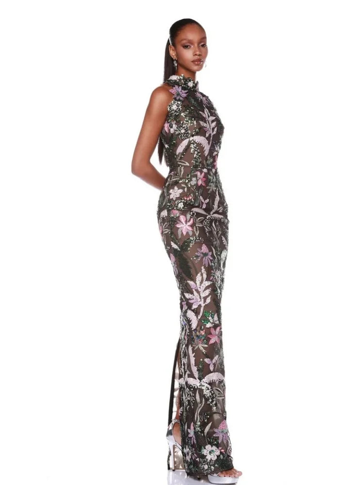 2024 Sequin Flowers Embroidery O-Neck Sleeveless Sheath Ankle Length Dress Gracful Woman Evening Dress Celebrity Party Outfit