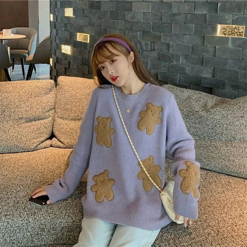 Sweet Cartoon Bear Sweater Women Cute Knitted Pullovers Japanese Harajuku Oversized Knitwears Korean Loose Casual Jumper Tops Light Purple