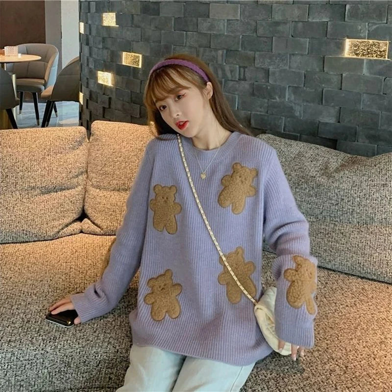 Sweet Cartoon Bear Sweater Women Cute Knitted Pullovers Japanese Harajuku Oversized Knitwears Korean Loose Casual Jumper Tops Light Purple