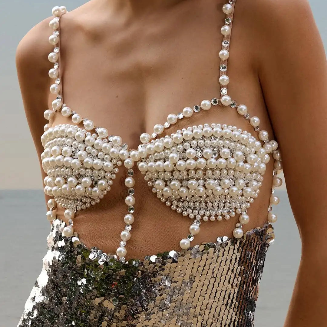 Fashionable Haute Couture  Woman Evening Dress  Pearl Sliver Sequins Spaghetti Strap Long Dress  Celebrity Birthday Party Outfit