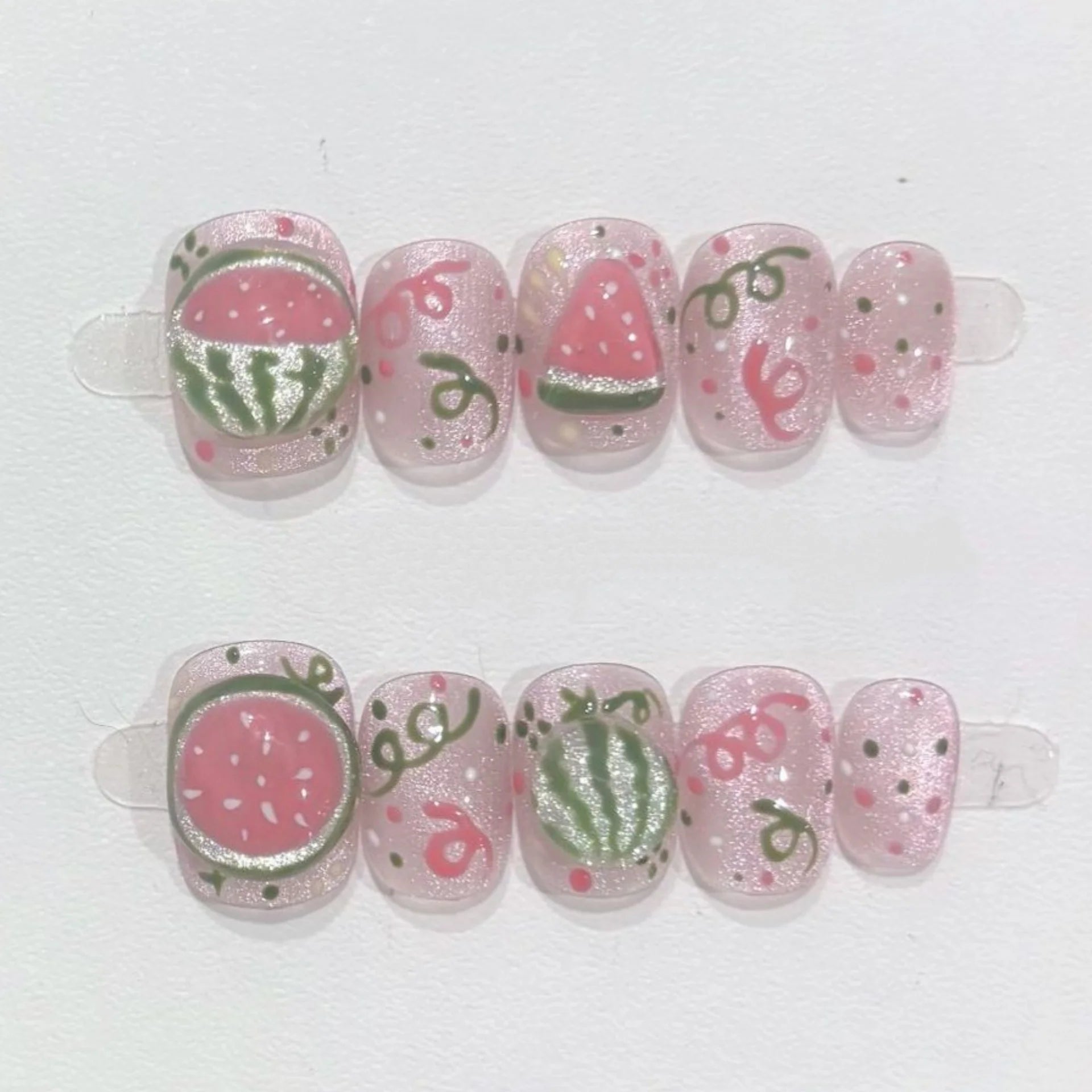 10pcs Pink Handmade Press on Nails Art Cute Cat's Eye Short Square Round Fake Nail Tips Wearable Cat Bow Design False Nails Sets