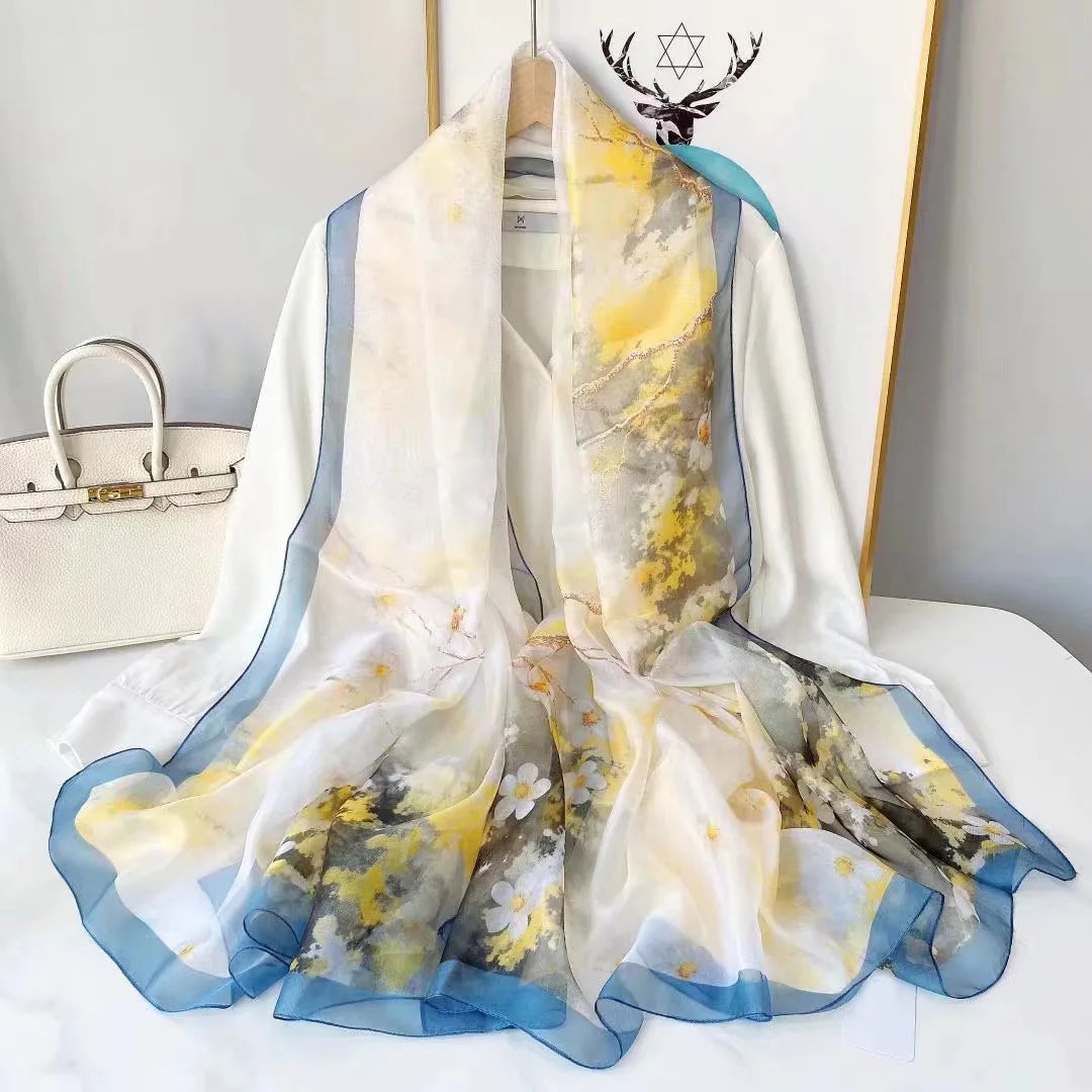 Print Silk Scarf Hijab Women Spring Deisgn Soft Beach Stoles Elegant Head Scarves Echarpe Shawl Satin Large Wrap Echarpe Bandana see chart 9