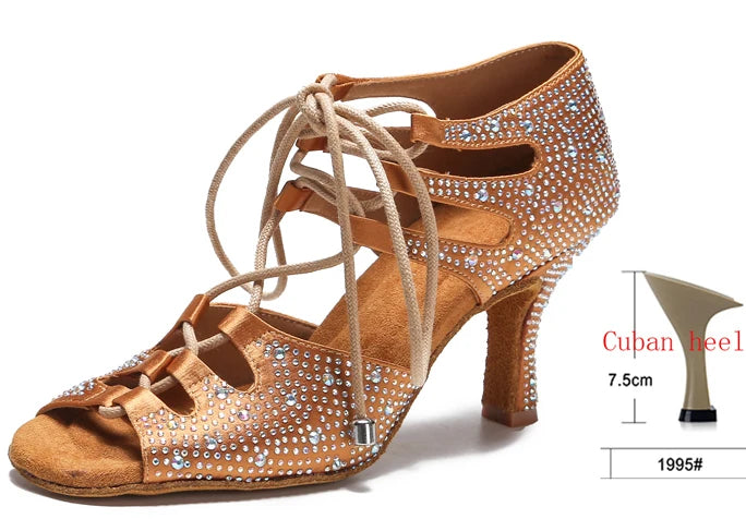 di seta donna scarpe da ballo latino fondo morbido sandali da donna Tango Party Dance Shoes scarpe da sposa con strass bronze heel 7.5CM