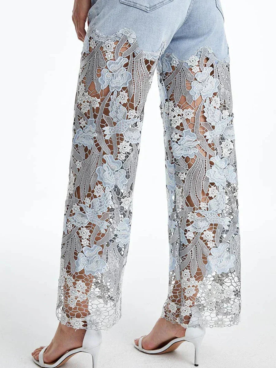 Solid Loose Spliced Hollow Out Fashion Jeans for Women High Waist Patchwork Applique Wide Leg Pants Female Clothing