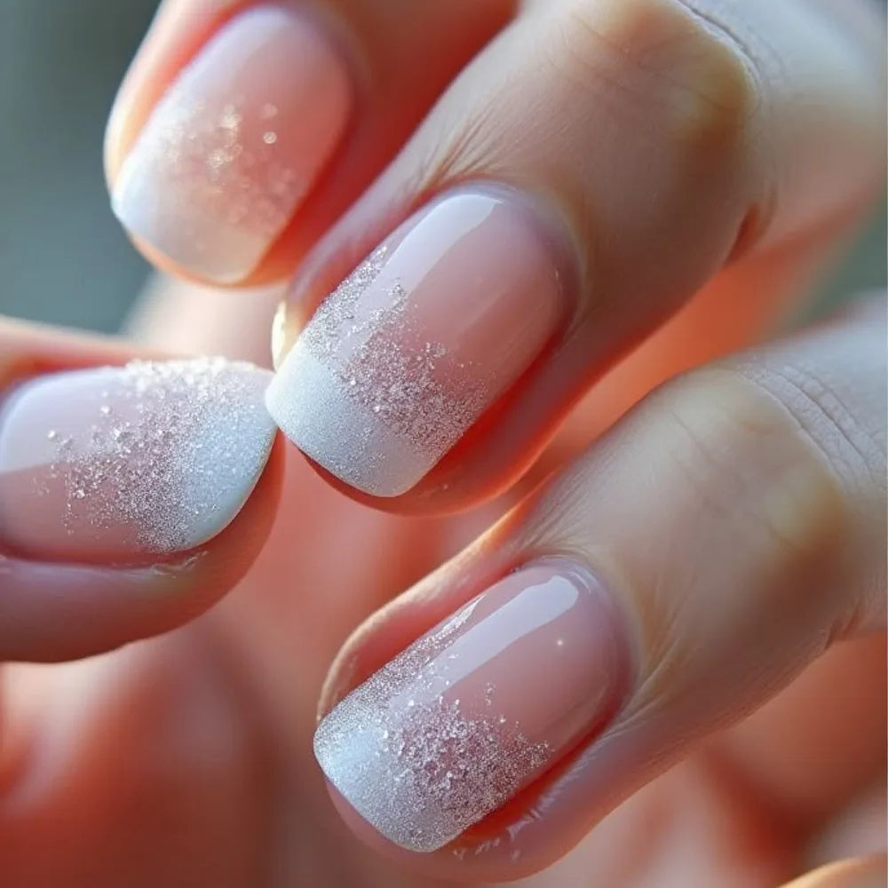 24 peças unhas postiças quadradas curtas médias brilhantes arte de unha branca usável unha postiça prateada francesa cobertura total pressione pontas de unhas
