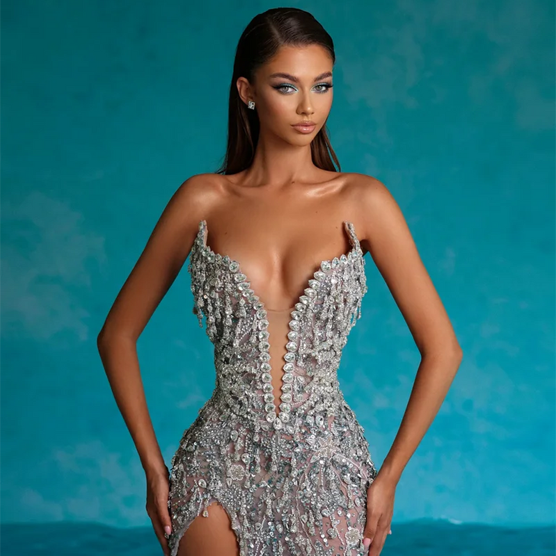Luxury Diamonds Beading Sexy High Slit V-Neck Strapless Ankle Length Dress Goddess Dress Celebrity Evening Party Outfit