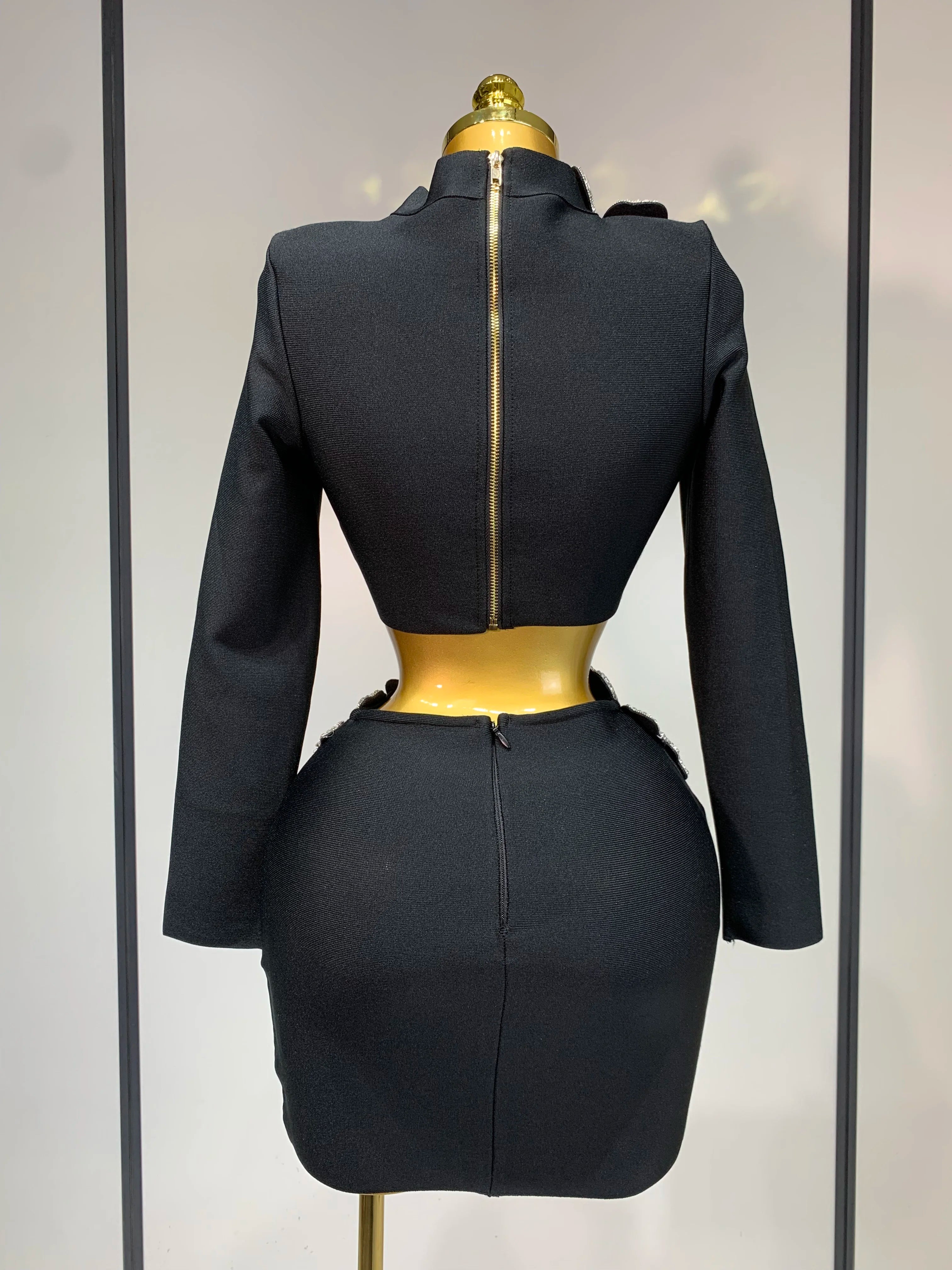 Women Long Sleeves Bandage Two Piece Sets Turtleneck Shiny Diamonds Flower Top Bodycon Mini Skirts Suits Evening Club Party Set